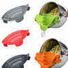 Multi functional filter clip showing silicone strainers in gray, red, and orange colors used for filtering pasta and vegetabl