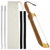 A wooden bread bow cutter with a light handle and a thin wire, shown next to a white cloth pouch.