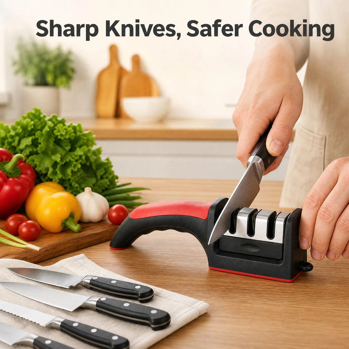 A hand is using a black and red kitchen knife sharpener to sharpen a knife on a wooden cutting board.