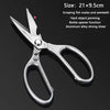 A pair of professional stainless steel kitchen shears with sharp blades and handles, shown against a dark background.