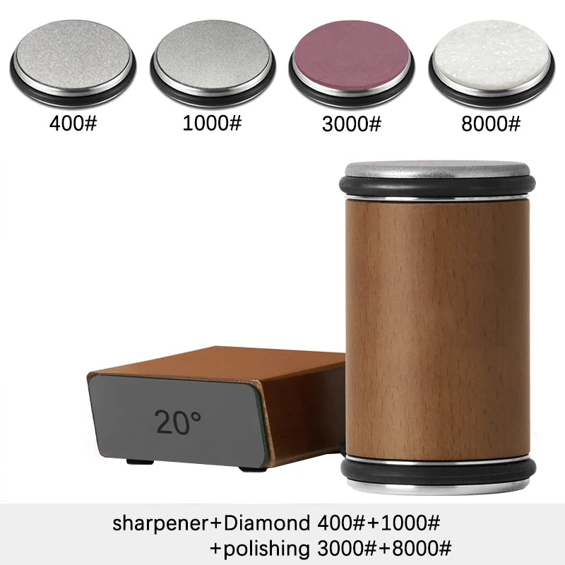 A set of diamond sharpening stones with various grit levels and a wooden roller for knife sharpening.