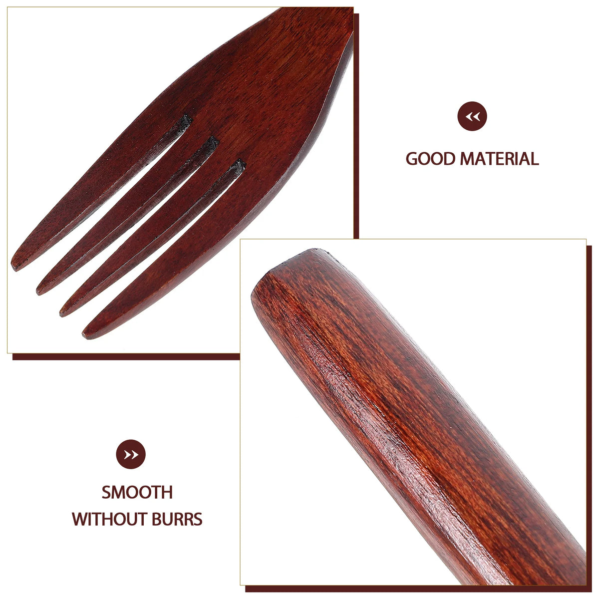 A set of dark reddish-brown wooden serving forks showing the prongs and a smooth wooden handle.
