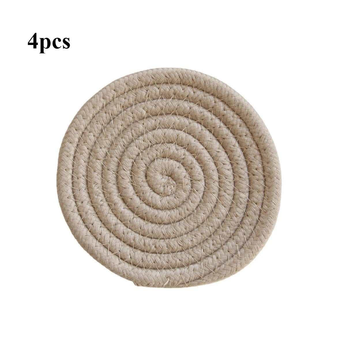 Four woven absorbent coasters in a beige color arranged in a spiral pattern.
