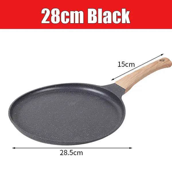 A black ceramic non-stick griddle pan with a wooden handle, shown from the top view.