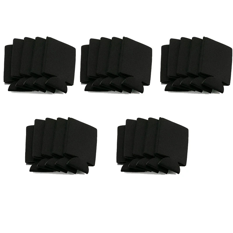 A set of twenty-five black reusable foam insulated beverage sleeves arranged in rows.
