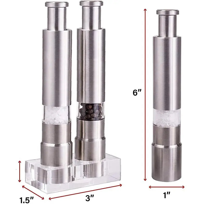 Stainless steel salt and pepper grinder with a clear glass insert and measurement markings