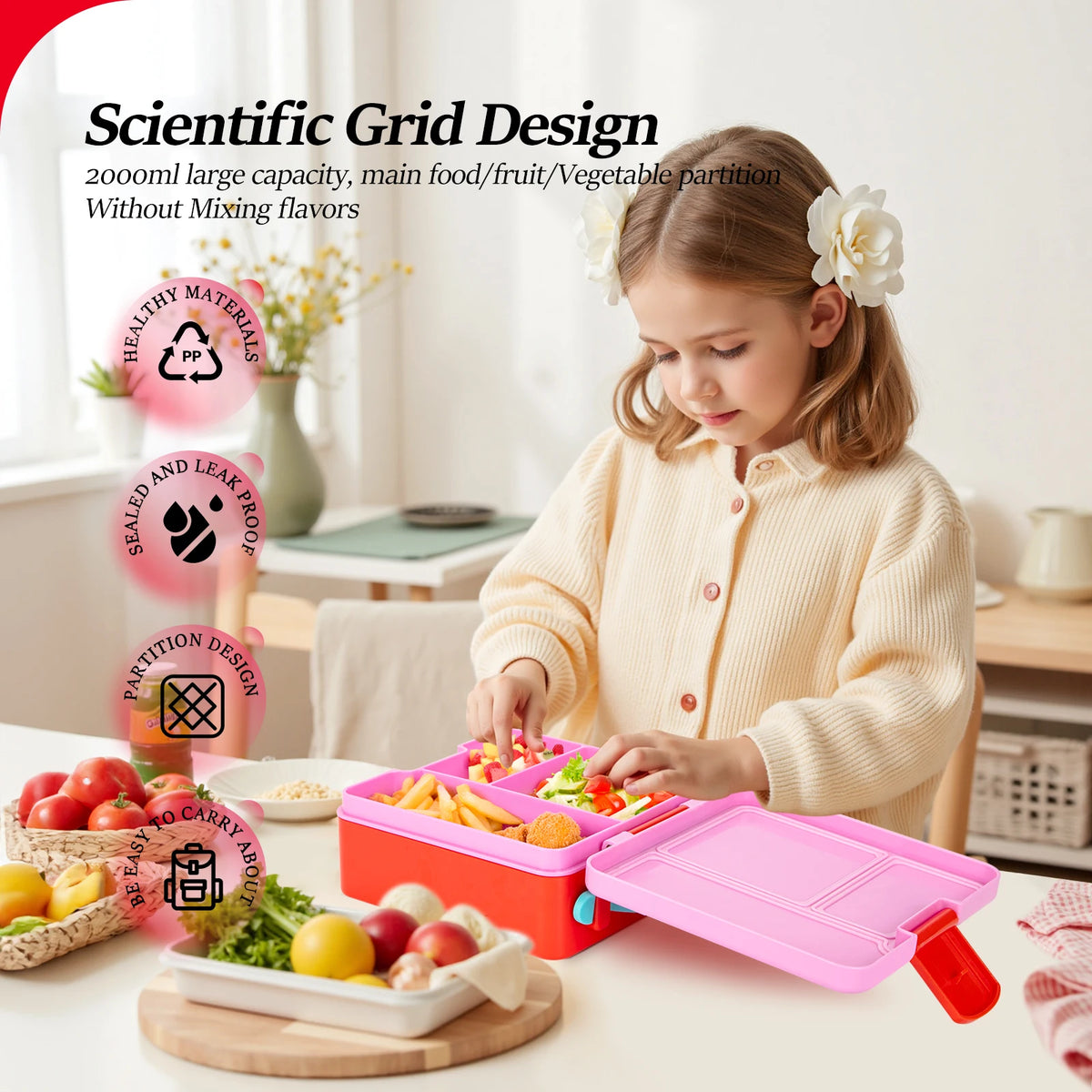 A young girl is using a pink bento box to pack healthy food items on a table.