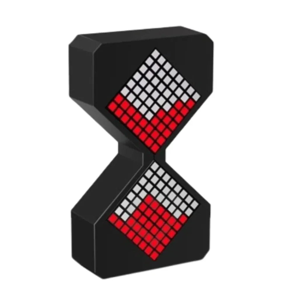 A black hourglass timer with a red and white checkered pattern on its face.