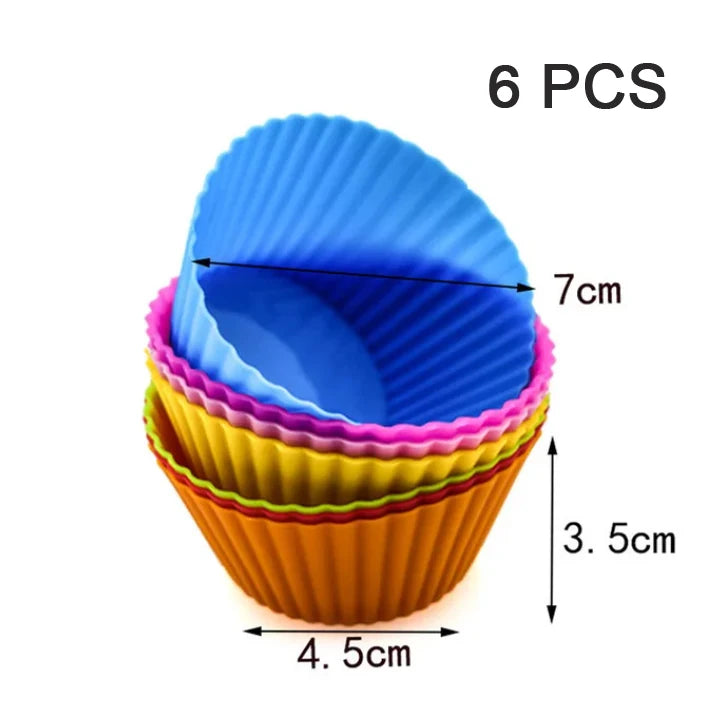 A set of six silicone muffin and cake baking molds in various colors and sizes.