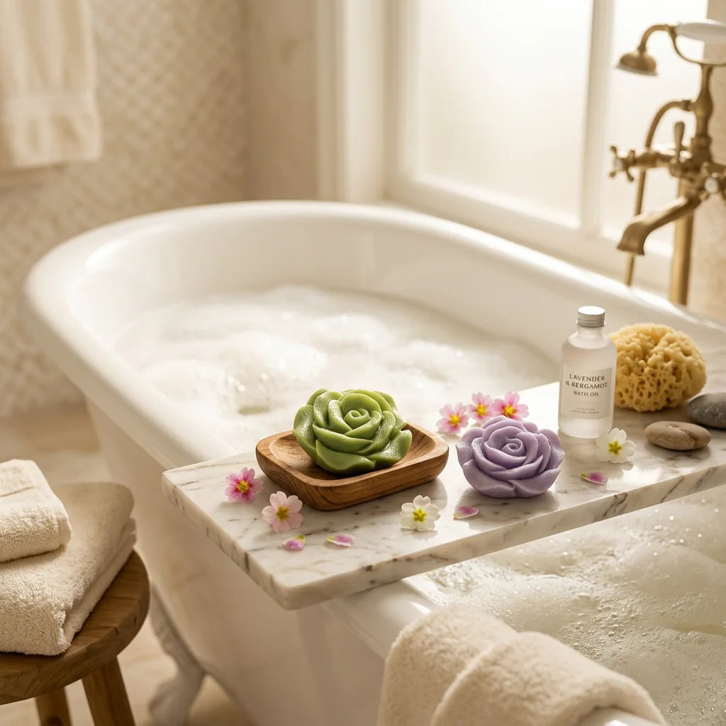 Una bañera blanca llena de burbujas y una bandeja de mármol con un molde de rosa de silicona verde, pétalos de rosa morados y