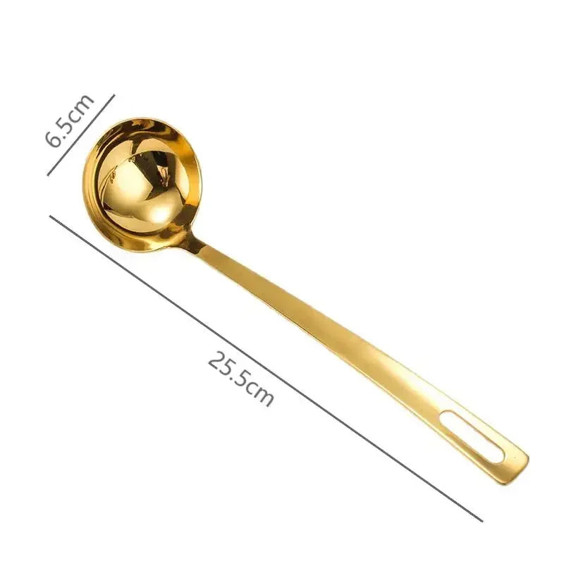 A golden stainless steel hot pot colander spoon with a 6.5cm bowl and a 25.5cm handle.