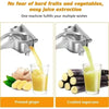 A silver manual citrus juice squeezer is shown extracting juice from ginger and sugarcane.