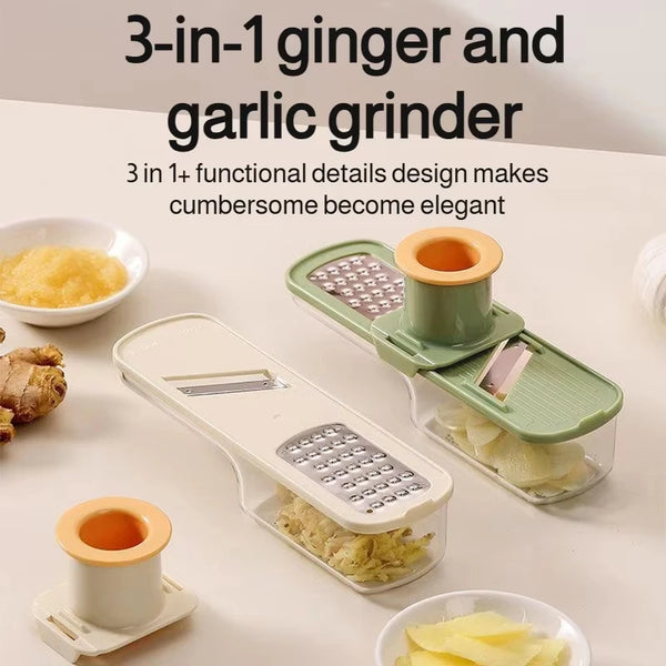 3-in-1 Ingwer- und Knoblauchmühle-Set mit manueller Mühle und Schneidewerkzeug.