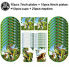 A set of dinosaur themed tableware including 10 plates, 10 cups, and various napkins.