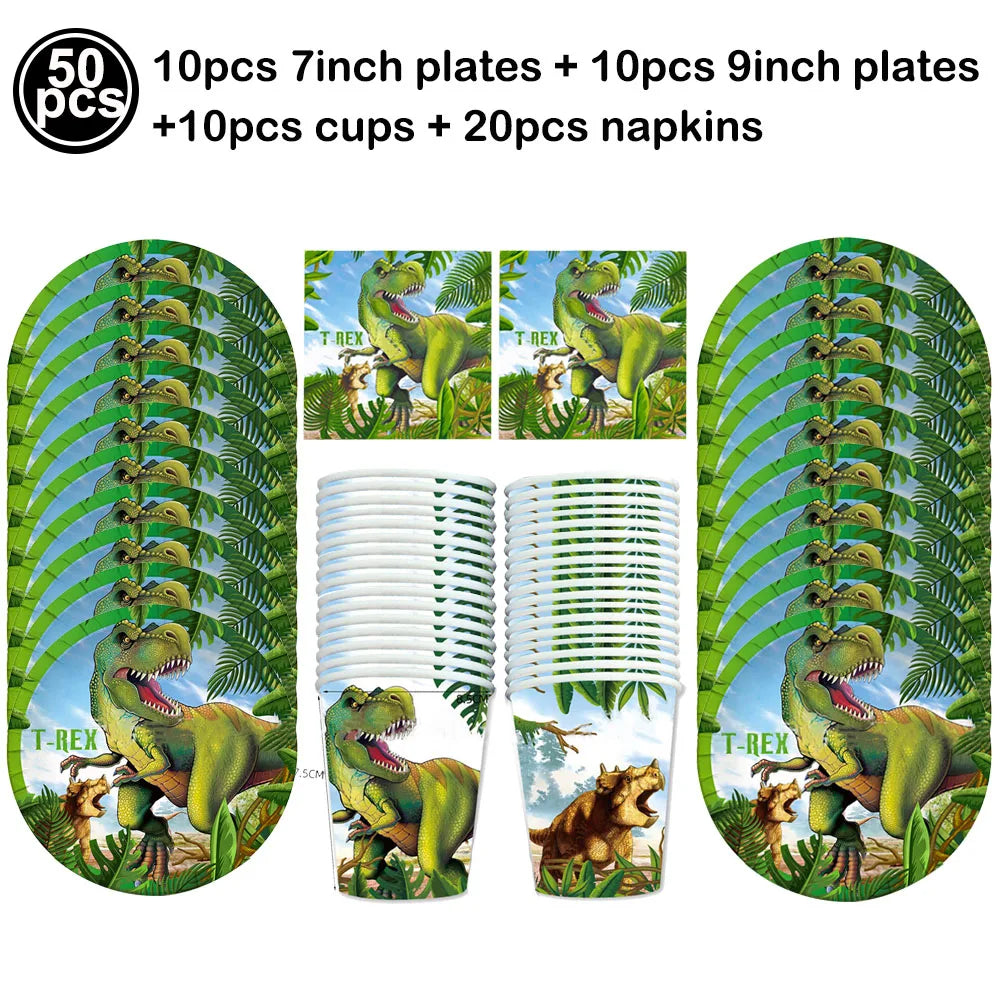 A set of dinosaur themed tableware including 10 plates, 10 cups, and various napkins.