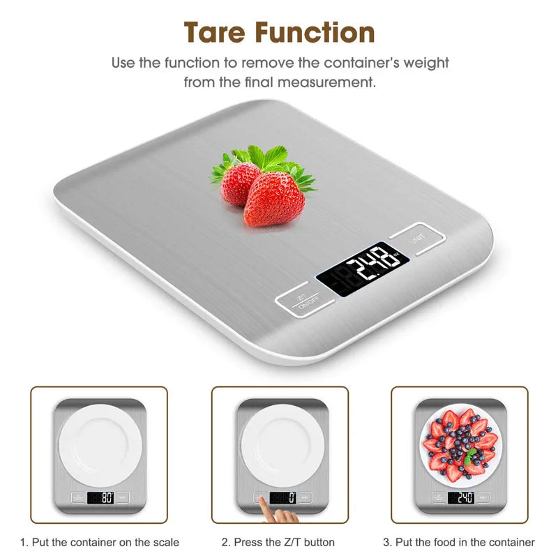 A digital kitchen scale shows a function to tare the container's weight, with instructions for using the scale.