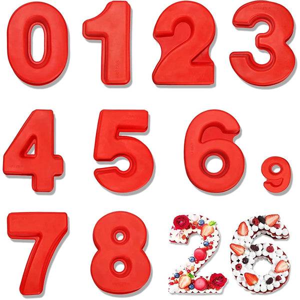 Ein Set aus roten 3D-Kuchenformen für die Zahlen null bis neun.
