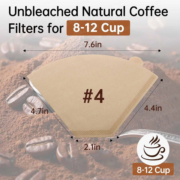A light tan, unbleached natural coffee filter labeled #4 is shown on a surface with coffee beans and a measuring tape, suitab