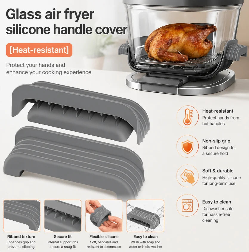 Silicone handle covers in gray for air fryers, designed to protect hands and enhance cooking experience.