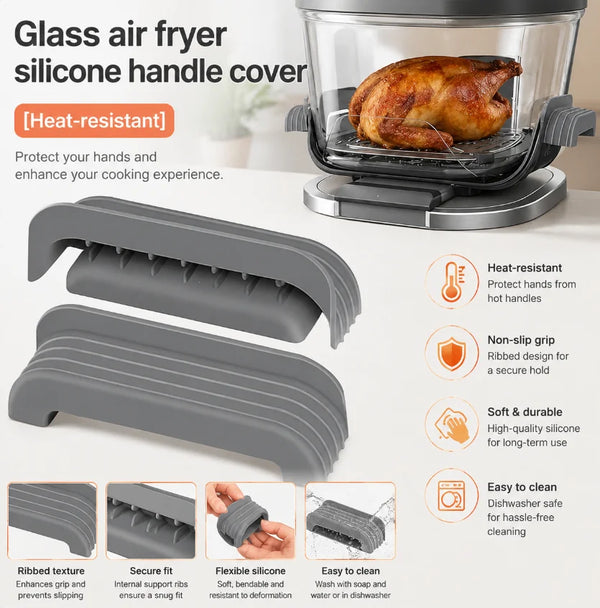 Silicone handle covers in gray for air fryers, designed to protect hands and enhance cooking experience.