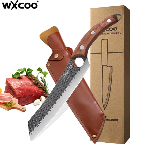 A professional 440C stainless steel chef knife with a wooden handle and protective sheath is shown next to its cardboard pack