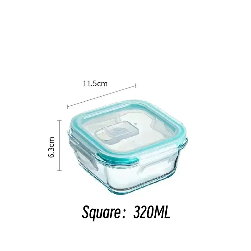 Clear square airtight borosilicate glass lunch container with a lid, measuring 11.5cm by 6.3cm, capacity 320ml.