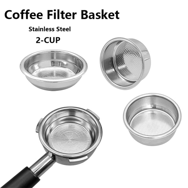 Stainless steel 2-cup coffee filter basket with a handle and separate components for brewing