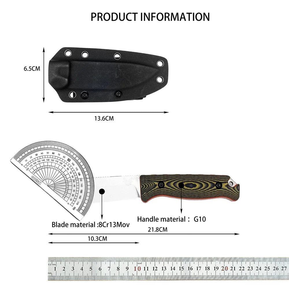 A fixed blade outdoor camping knife with a black handle and a silver blade, shown with dimensions.