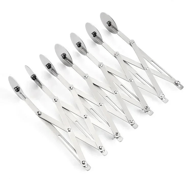 A set of twelve silver multi-function dough cutters arranged diagonally on a white background.