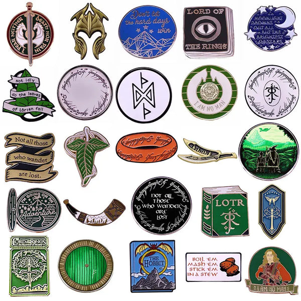 A collection of movie-themed enamel pins and brooches featuring characters and symbols from Lord of the Rings, The Hobbit, an