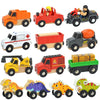 A collection of wooden magnetic train cars in various colors and designs for children.