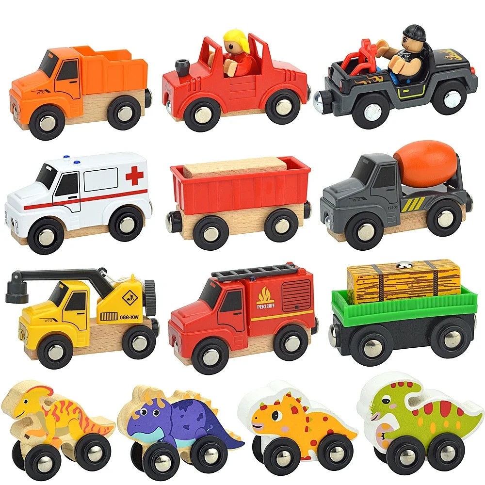 A collection of wooden magnetic train cars in various colors and designs for children.