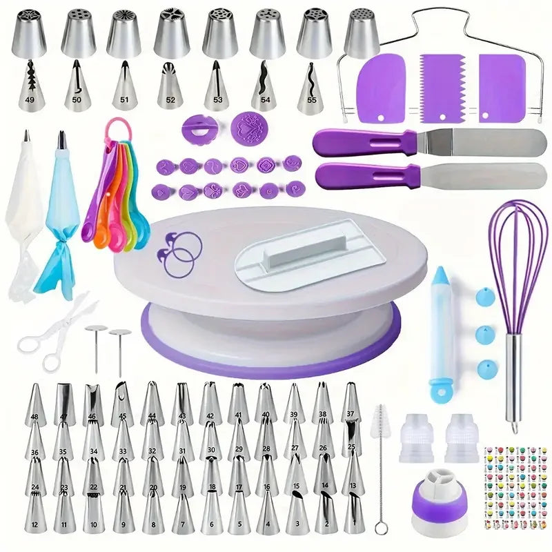 A collection of cake decorating tools including piping tips, spatulas, and a turntable in various colors.