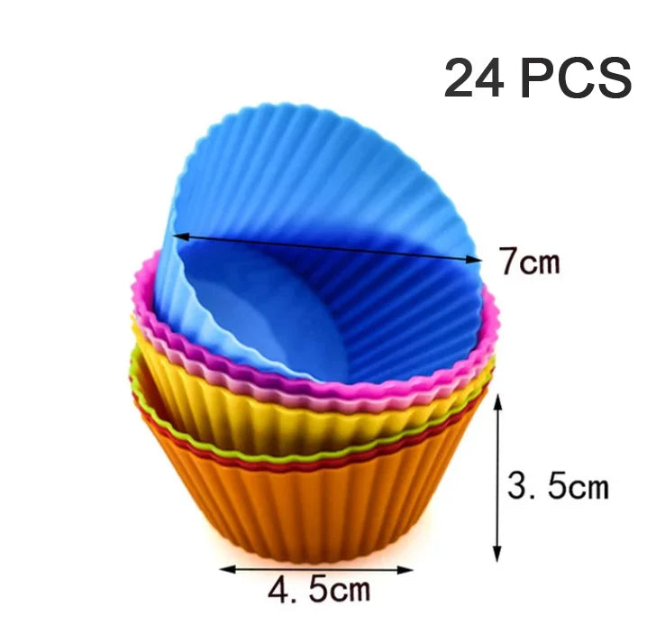 A set of 24 silicone muffin and cake baking molds in various colors stacked together.