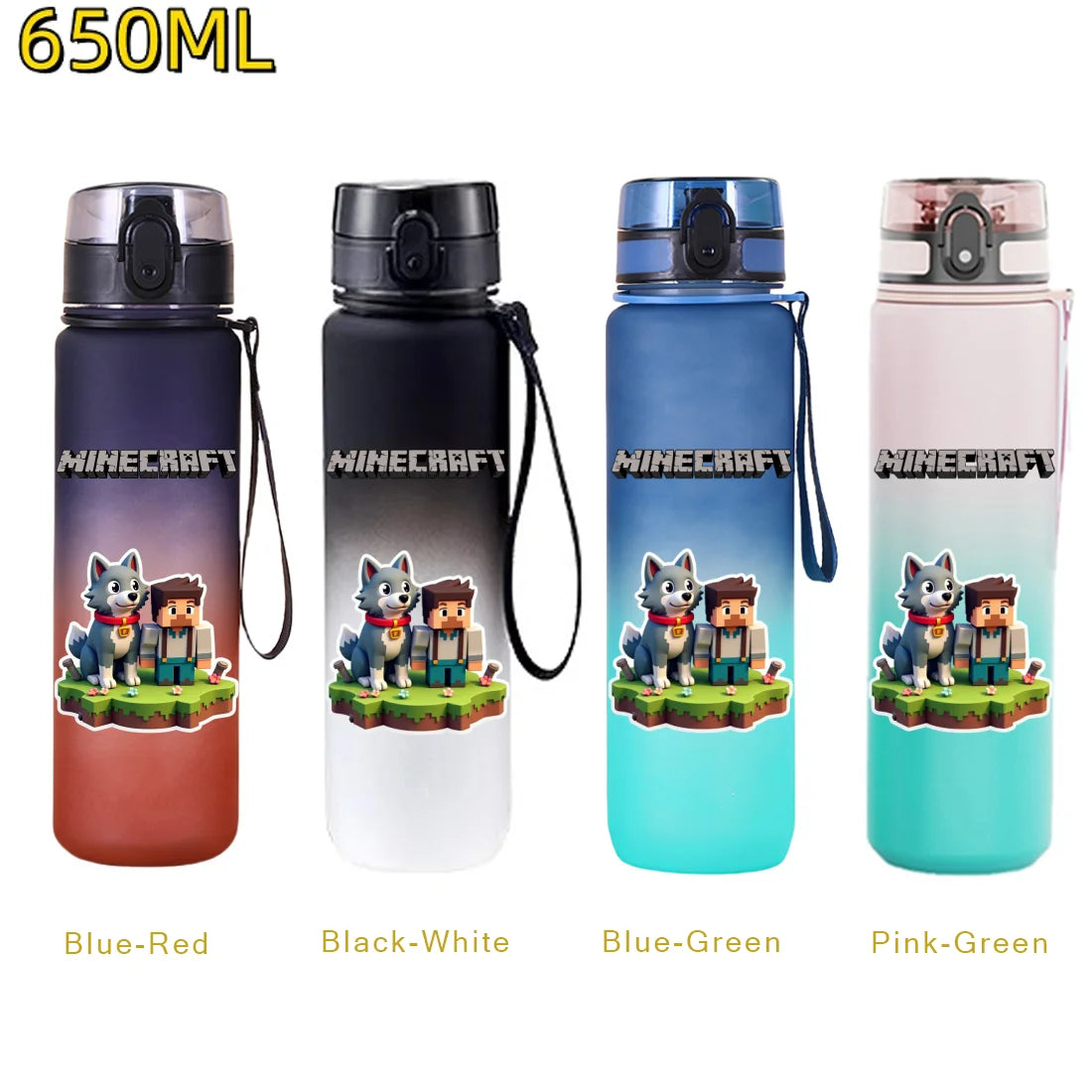 Five colored insulated sports water bottles featuring a Minecraft theme in Blue-Red, Black-White, Blue-Green, and Pink-Green.
