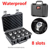 A black waterproof plastic watch storage case with eight slots and a matching carrying case.