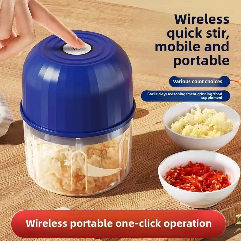 A blue electric garlic and spice grinder mixer jar with a clear lid is shown next to bowls of ground ingredients.