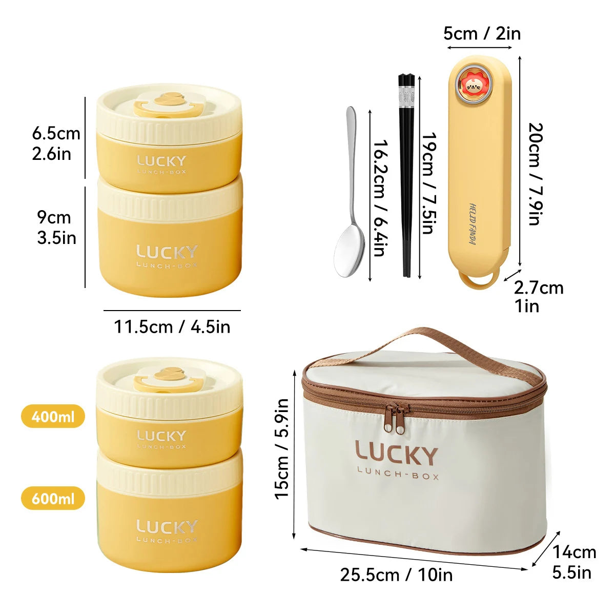 A set of yellow stackable thermal lunch boxes and a separate insulated lunch box with various sizes.