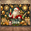 A festive New Year decoration featuring gold balloons, fireworks, and gifts with a Santa beard.