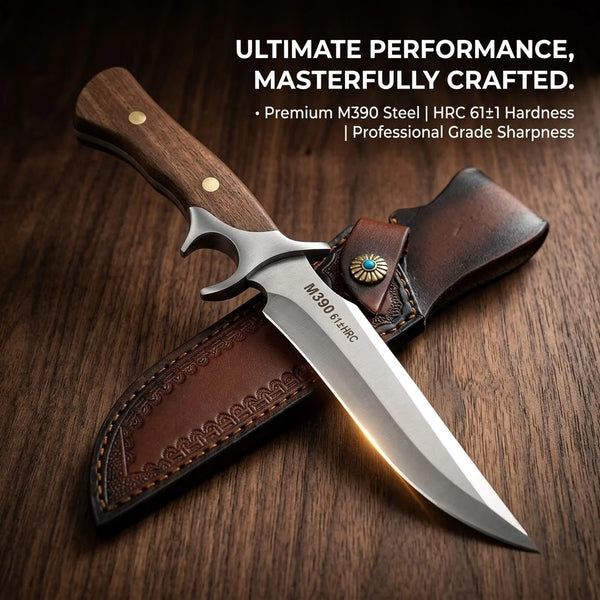A premium M390 steel fixed blade knife with a dark leather sheath resting on a wooden surface.