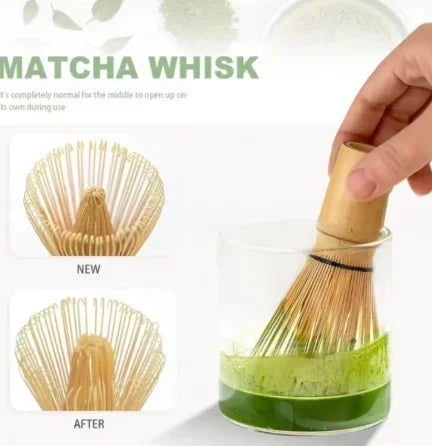 A hand holds a bamboo whisk used for making matcha tea, shown next to new and used versions.