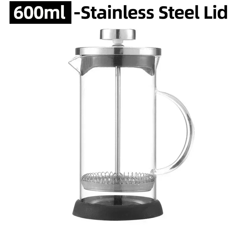 A clear glass and stainless steel coffee press pot with a lid and handle.