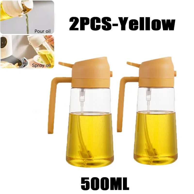 Two 500ml yellow dual-function kitchen oil spray bottles shown with oil inside.