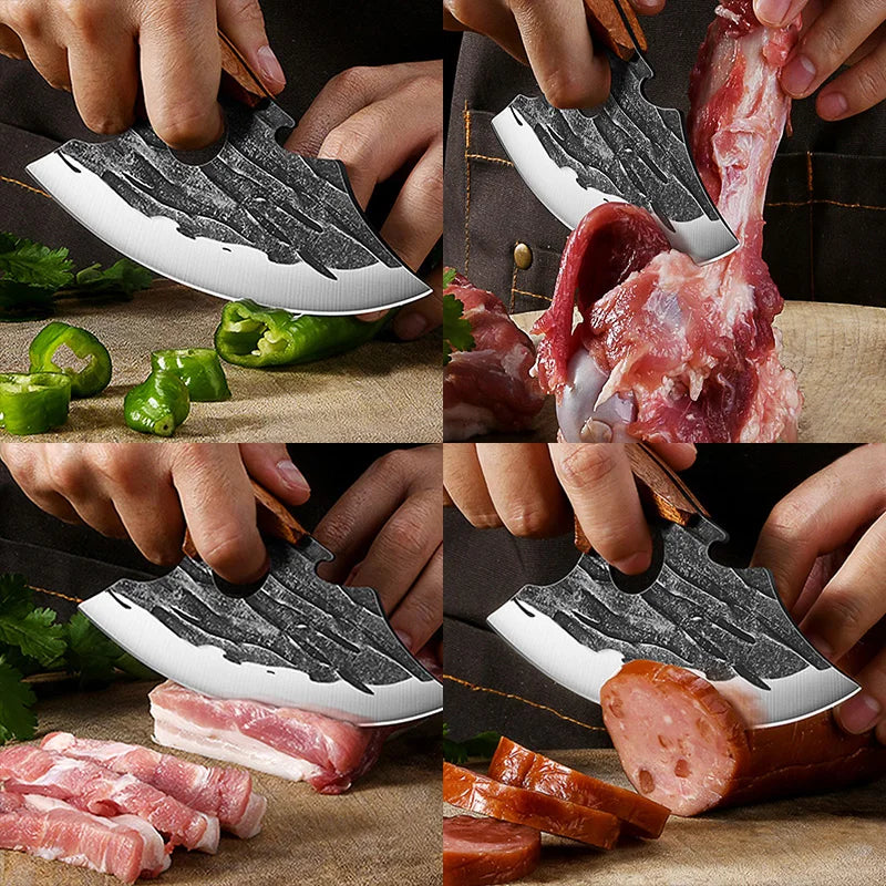A set of hand-forged boning kitchen knives with wooden handles is shown alongside various cuts of meat and vegetables.
