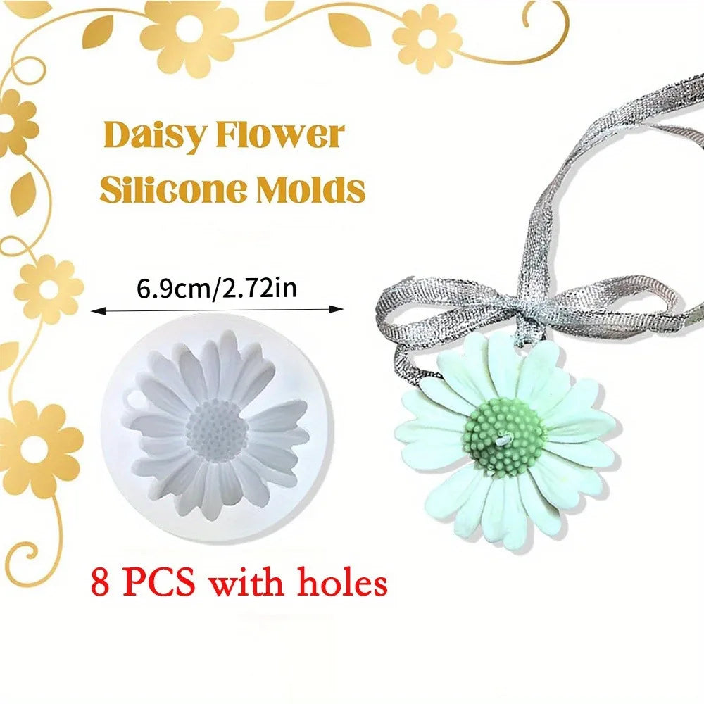Set of 8 silicone daisy flower molds with holes for crafting or baking