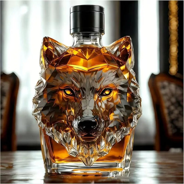 A crystal whiskey decanter featuring a carved wolf head design, filled with amber liquid.
