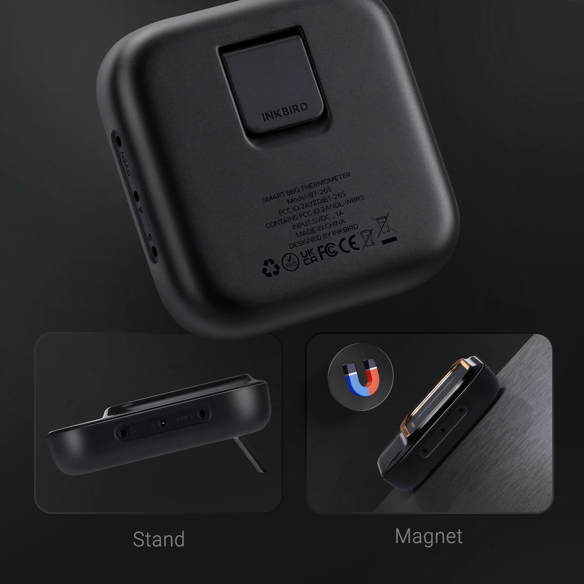 A black digital meat thermometer is shown in stand and magnet configurations.
