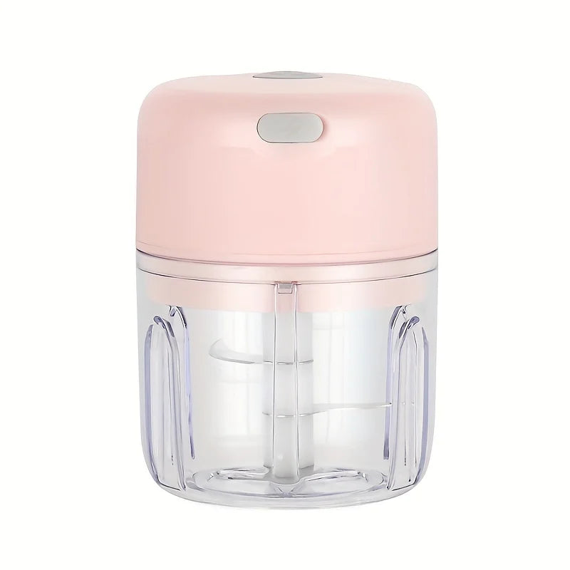 A pink mini rechargeable garlic chopper and meat grinder with a clear plastic container.