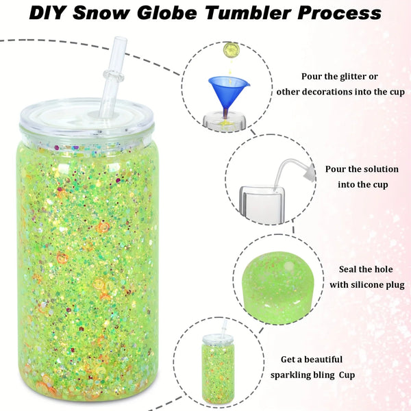 Diagram showing the DIY snowglobe tumbler process, including adding glitter, pouring the solution, and sealing the hole with 