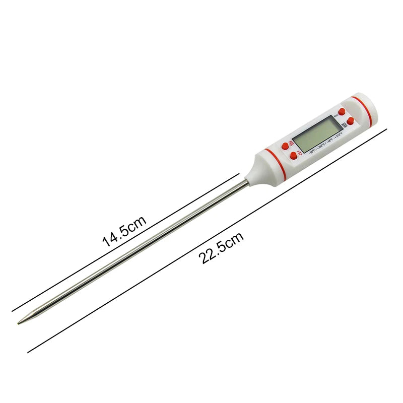 Sonda termómetro digital de carne y comida con mango blanco y pantalla roja, mostrada sobre fondo blanco.